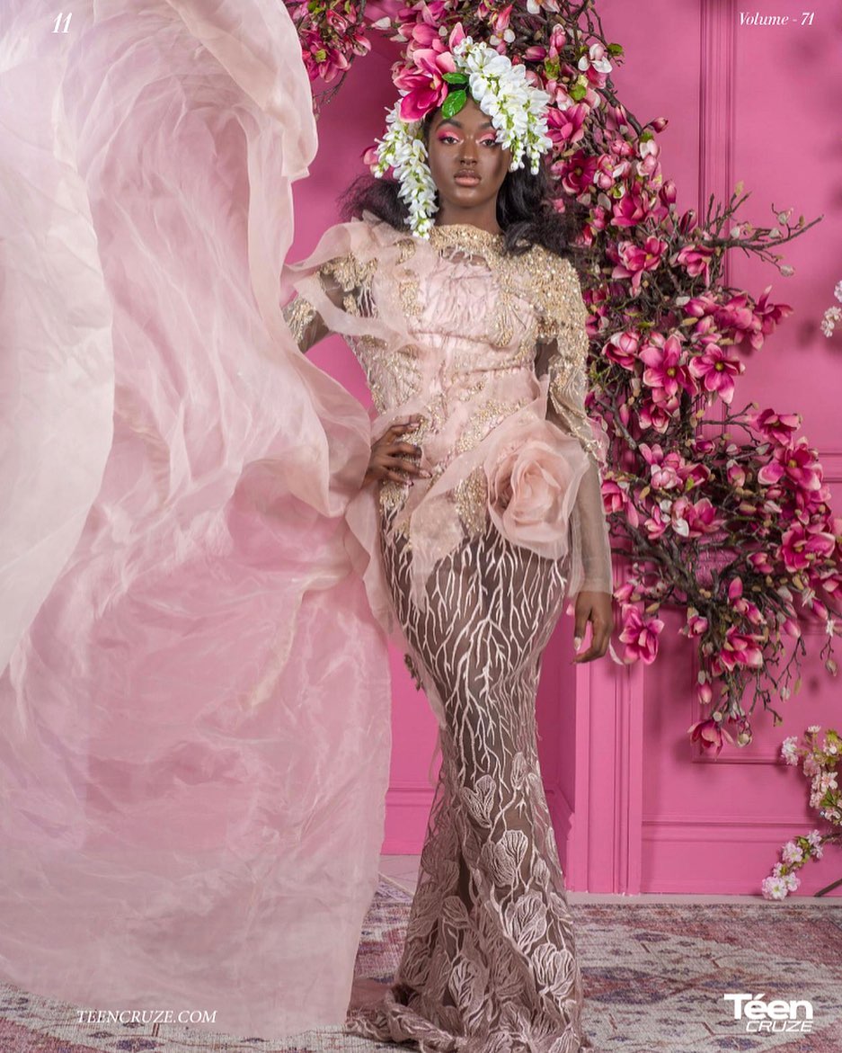 Editorial styled shoot in a pink room with floral accents